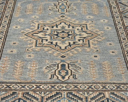 11 Ft Gray Kazak Afghan Hand Knotted Geometric Wool Runner Rug